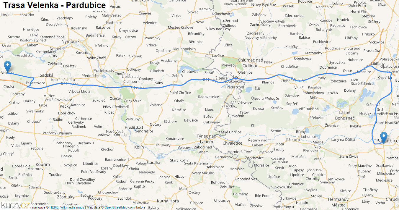 Velenka-Pardubice, mapa trasy
