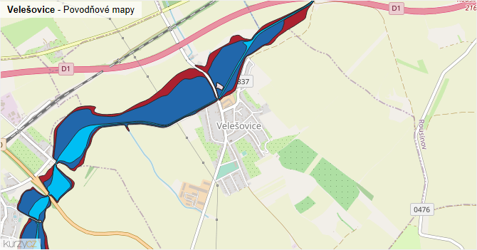Velešovice - záplavové mapy stoleté vody
