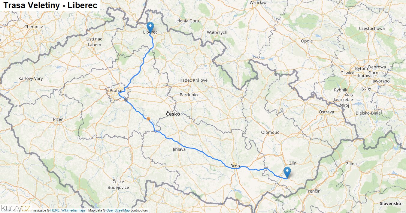 Veletiny-Liberec, mapa trasy