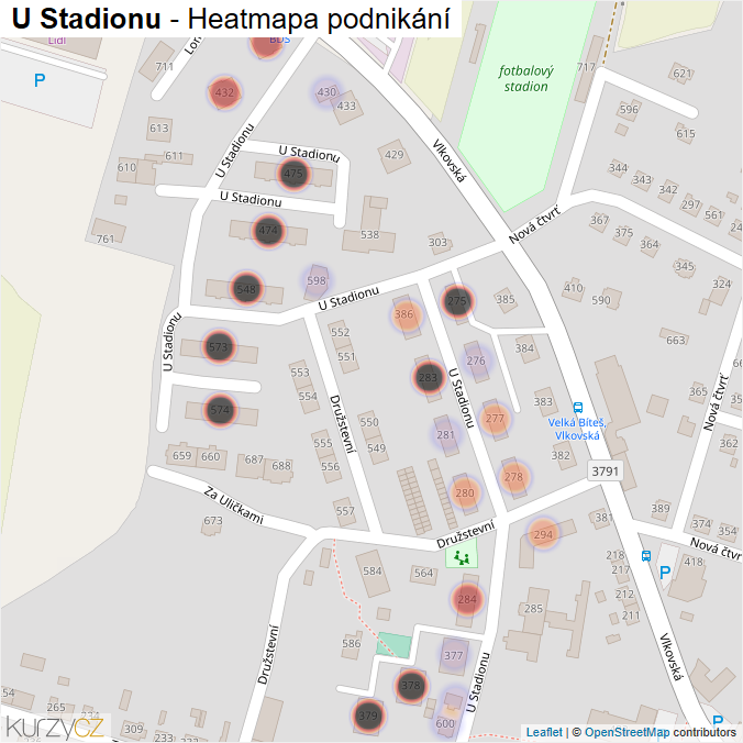 Mapa U Stadionu - Firmy v ulici.