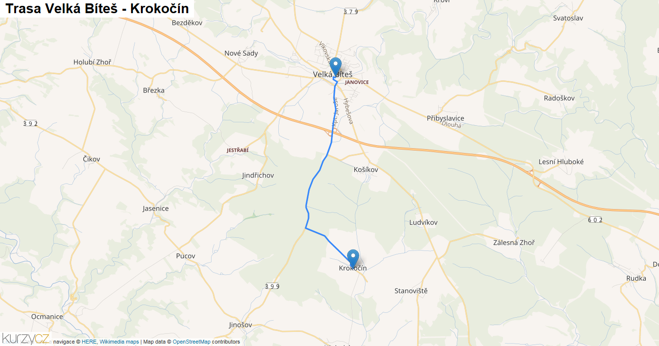 Velká Bíteš-Krokočín, mapa trasy