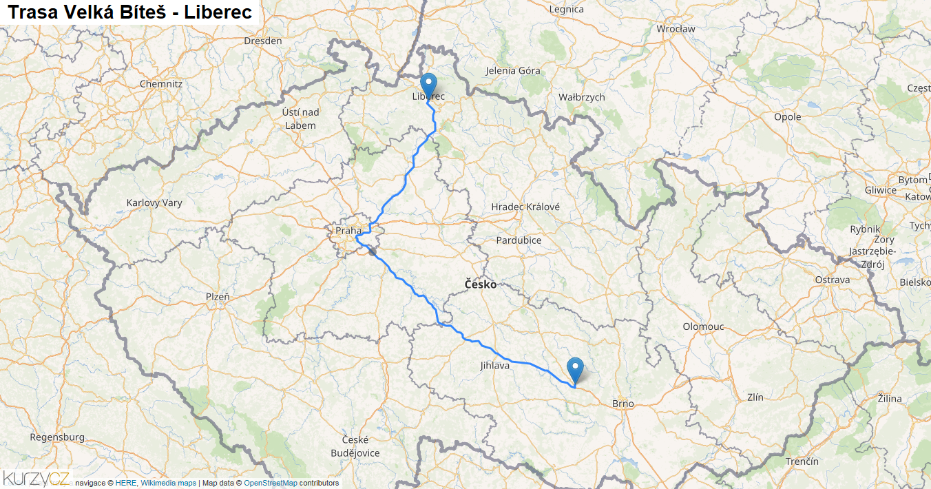 Velká Bíteš-Liberec, mapa trasy