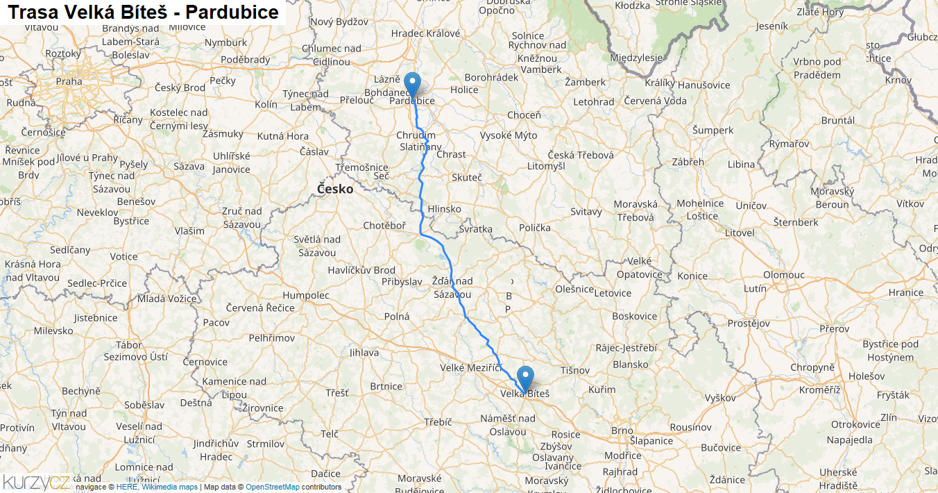 Velká Bíteš-Pardubice, mapa trasy