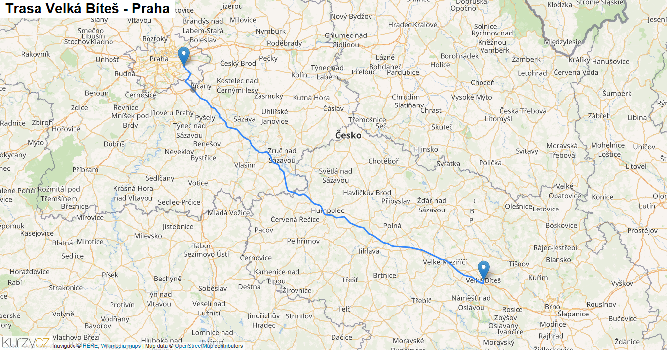 Velká Bíteš-Praha, mapa trasy