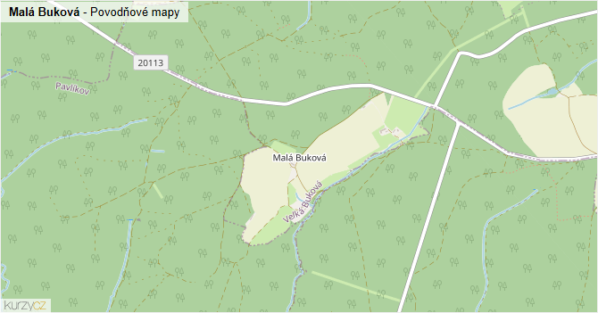 Malá Buková - záplavové mapy stoleté vody