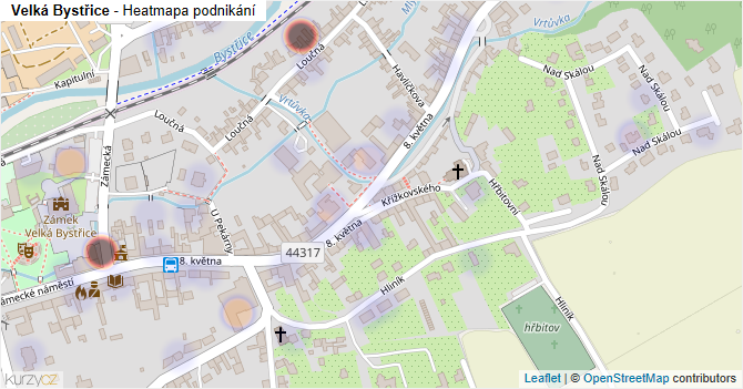 Velká Bystřice - mapa podnikání