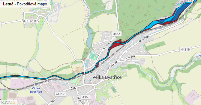 Letná - záplavové mapy stoleté vody