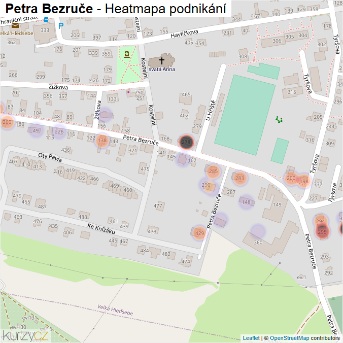 Mapa Petra Bezruče - Firmy v ulici.