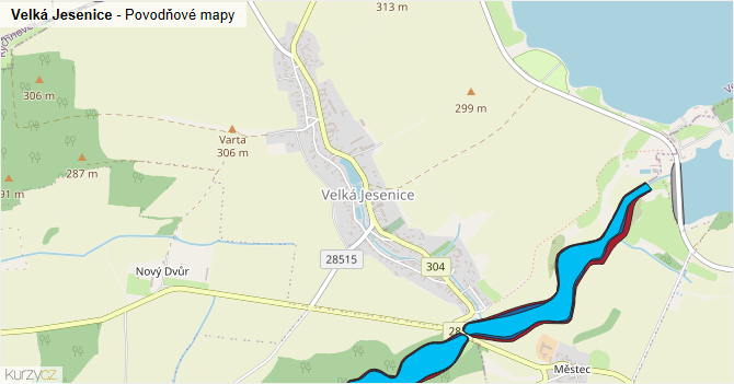 Velká Jesenice - záplavové mapy stoleté vody