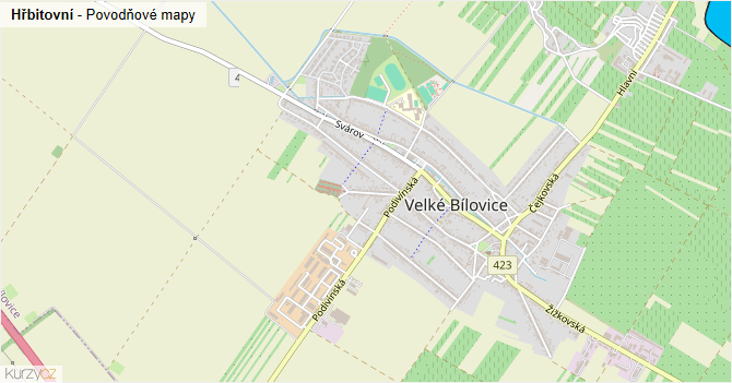 Hřbitovní - záplavové mapy stoleté vody