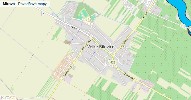 Mírová - záplavové mapy stoleté vody
