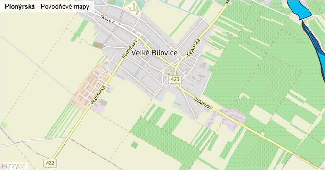 Pionýrská - záplavové mapy stoleté vody