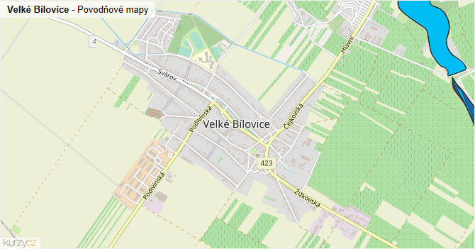 Velké Bílovice - záplavové mapy stoleté vody