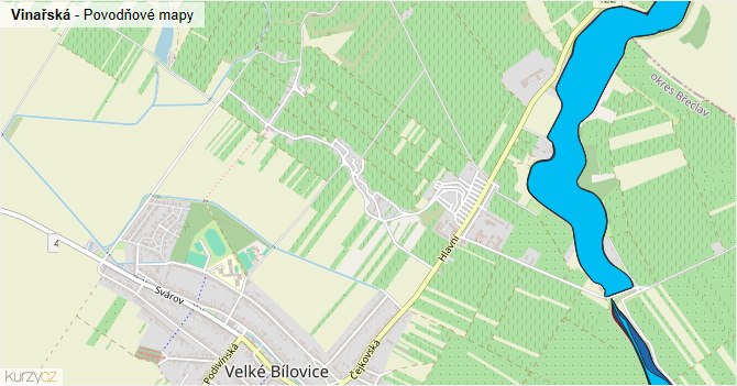 Vinařská - záplavové mapy stoleté vody