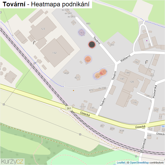 Mapa Tovární - Firmy v ulici.