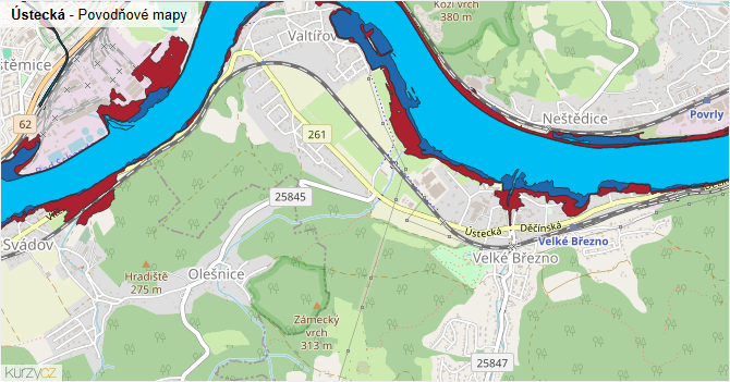 Ústecká - záplavové mapy stoleté vody