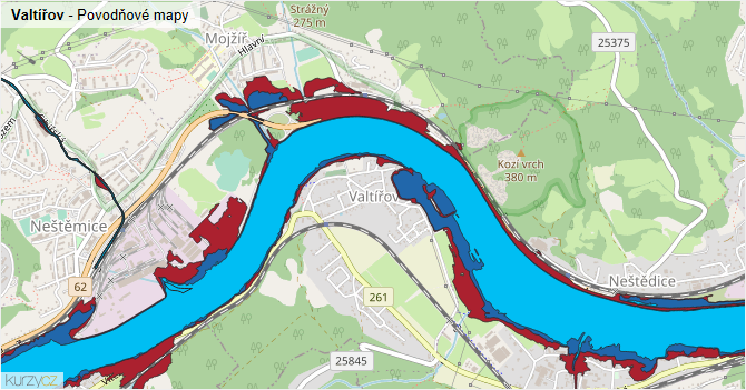 Valtířov - záplavové mapy stoleté vody