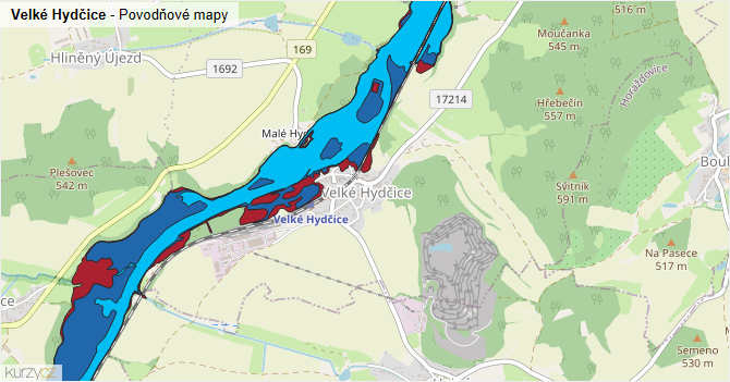 Velké Hydčice - záplavové mapy stoleté vody