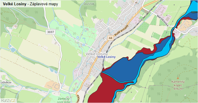 Velké Losiny - záplavové mapy stoleté vody