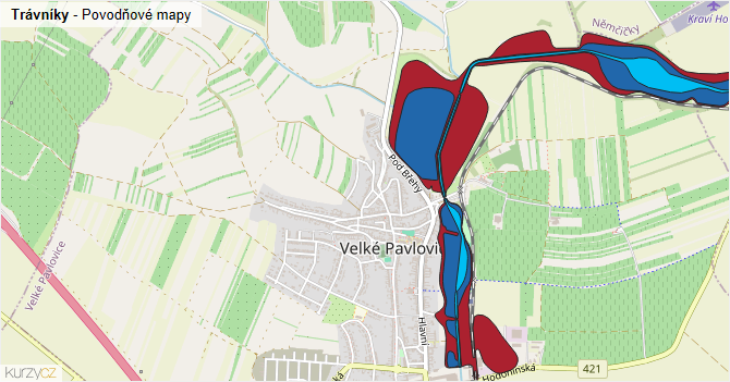Trávníky - záplavové mapy stoleté vody
