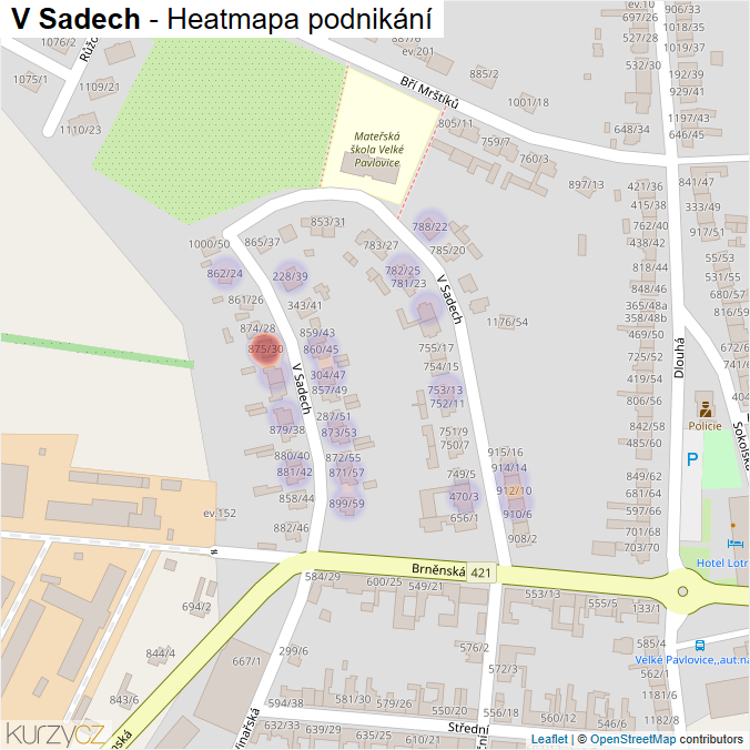 Mapa V Sadech - Firmy v ulici.