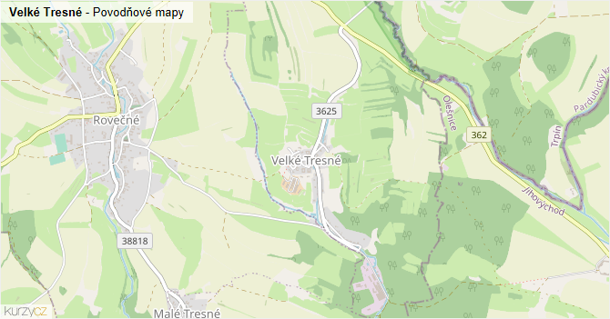 Velké Tresné - záplavové mapy stoleté vody
