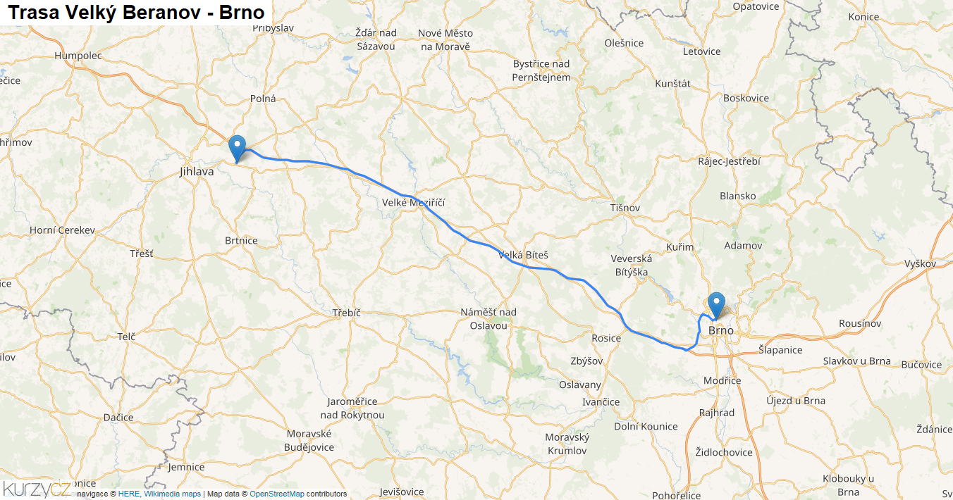 Velký Beranov-Brno, mapa trasy