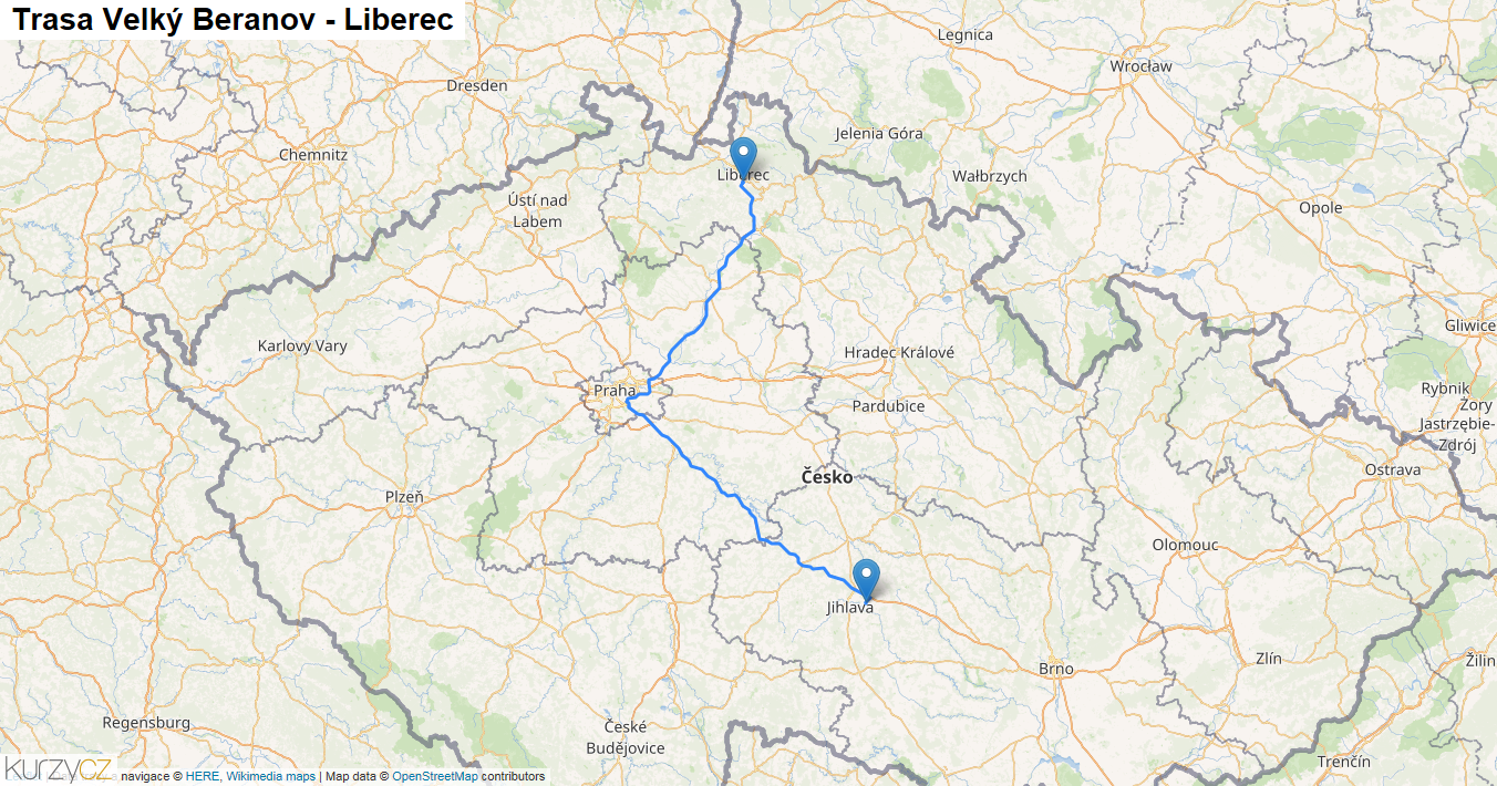 Velký Beranov-Liberec, mapa trasy