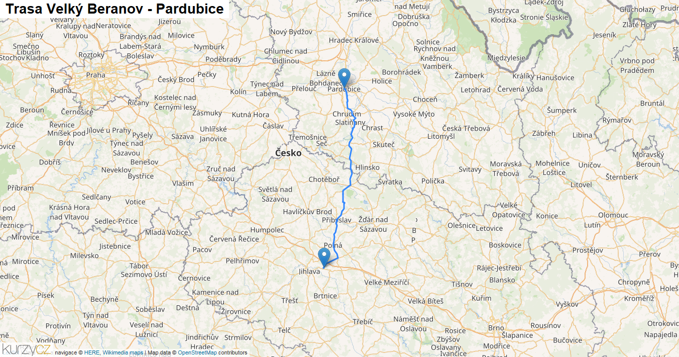 Velký Beranov-Pardubice, mapa trasy