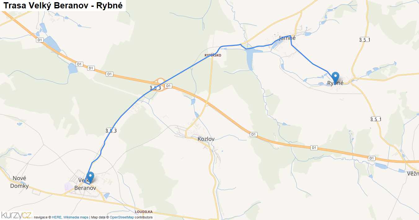 Velký Beranov-Rybné, mapa trasy