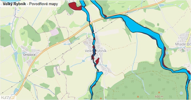 Velký Rybník - záplavové mapy stoleté vody