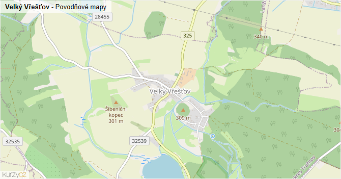 Velký Vřešťov - záplavové mapy stoleté vody