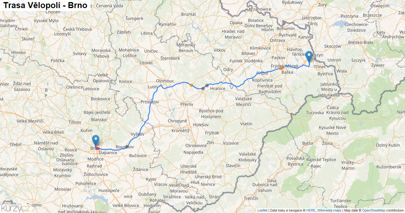 Vělopolí-Brno, mapa trasy