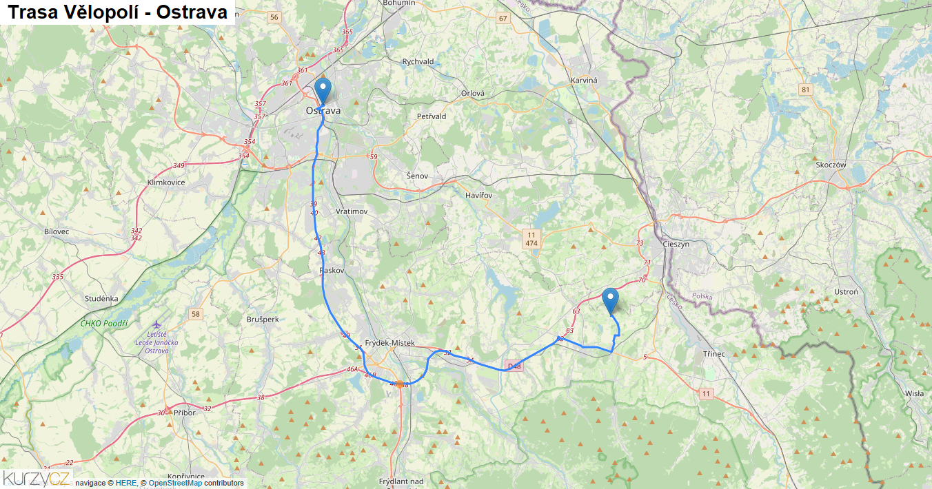Vělopolí-Ostrava, mapa trasy