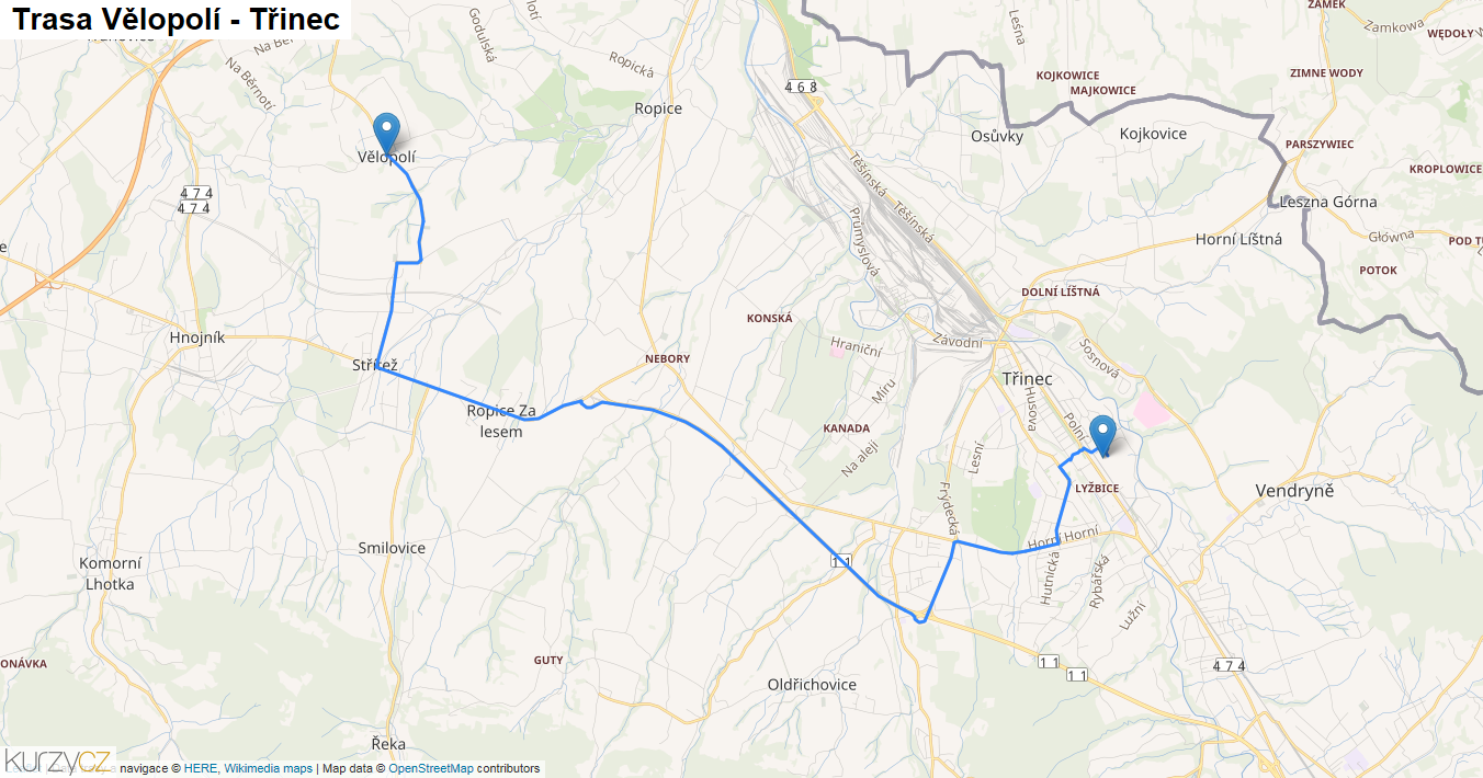 Vělopolí-Třinec, mapa trasy
