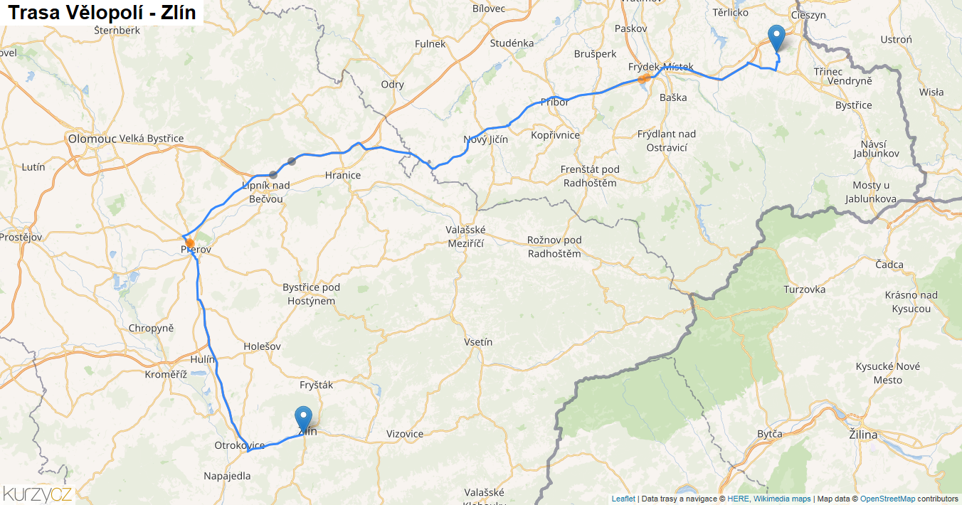 Vělopolí-Zlín, mapa trasy