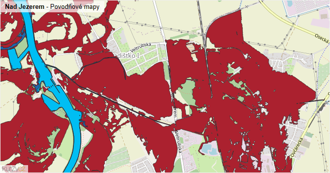 Nad Jezerem - záplavové mapy stoleté vody