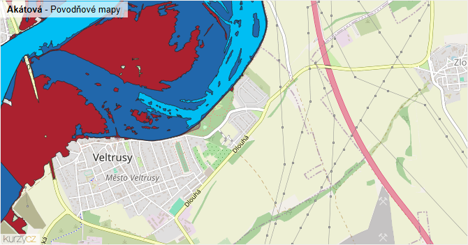 Akátová - záplavové mapy stoleté vody