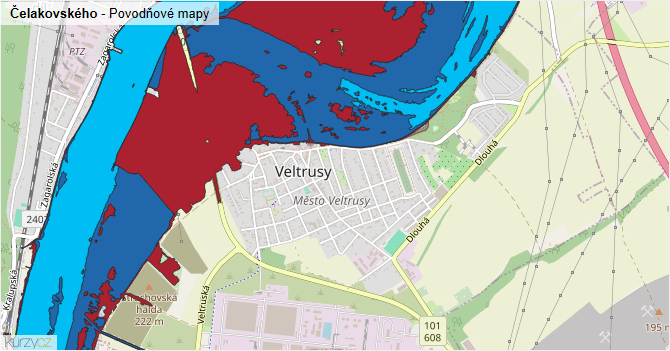 Čelakovského - záplavové mapy stoleté vody