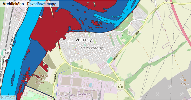 Vrchlického - záplavové mapy stoleté vody