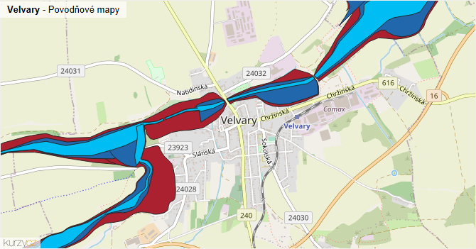 Velvary - záplavové mapy stoleté vody