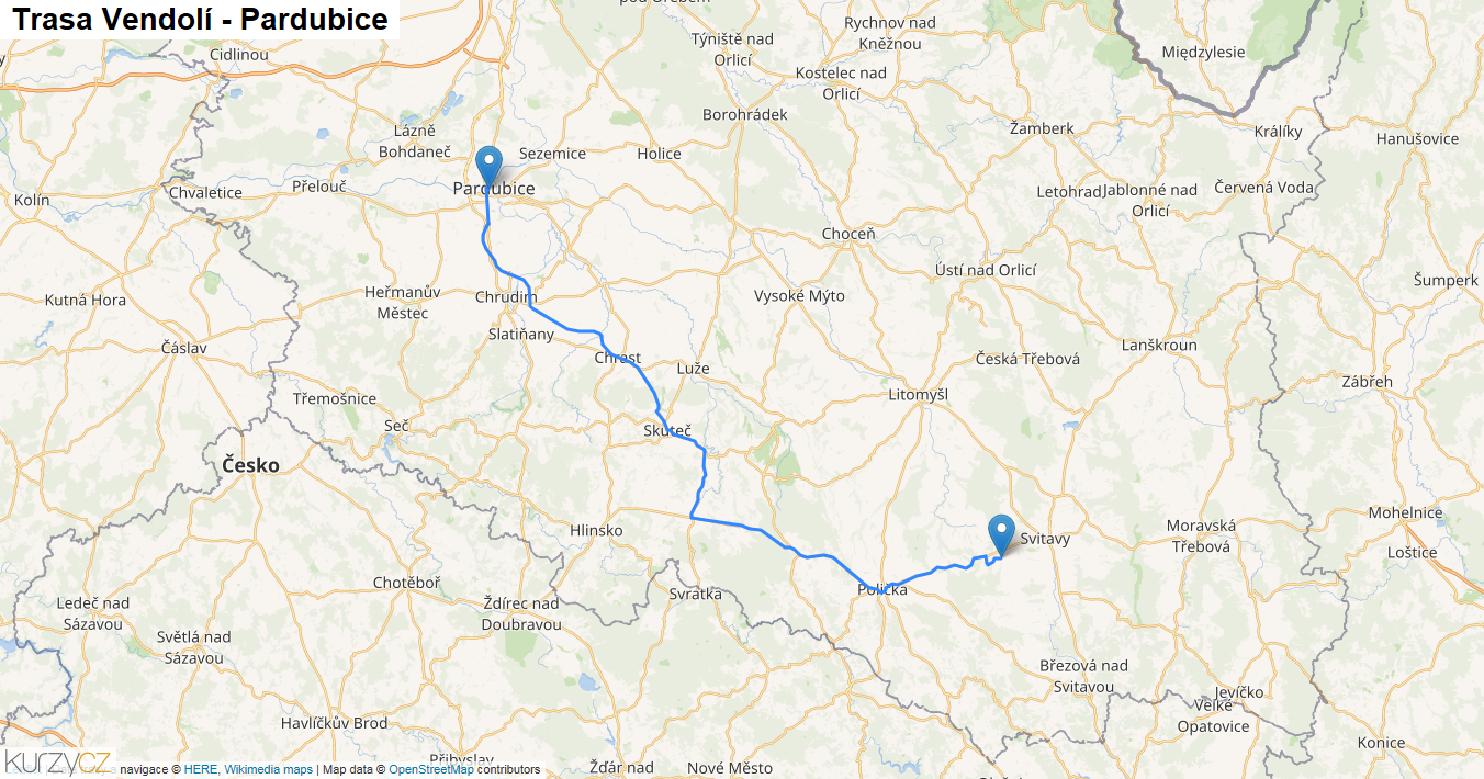 Vendolí-Pardubice, mapa trasy