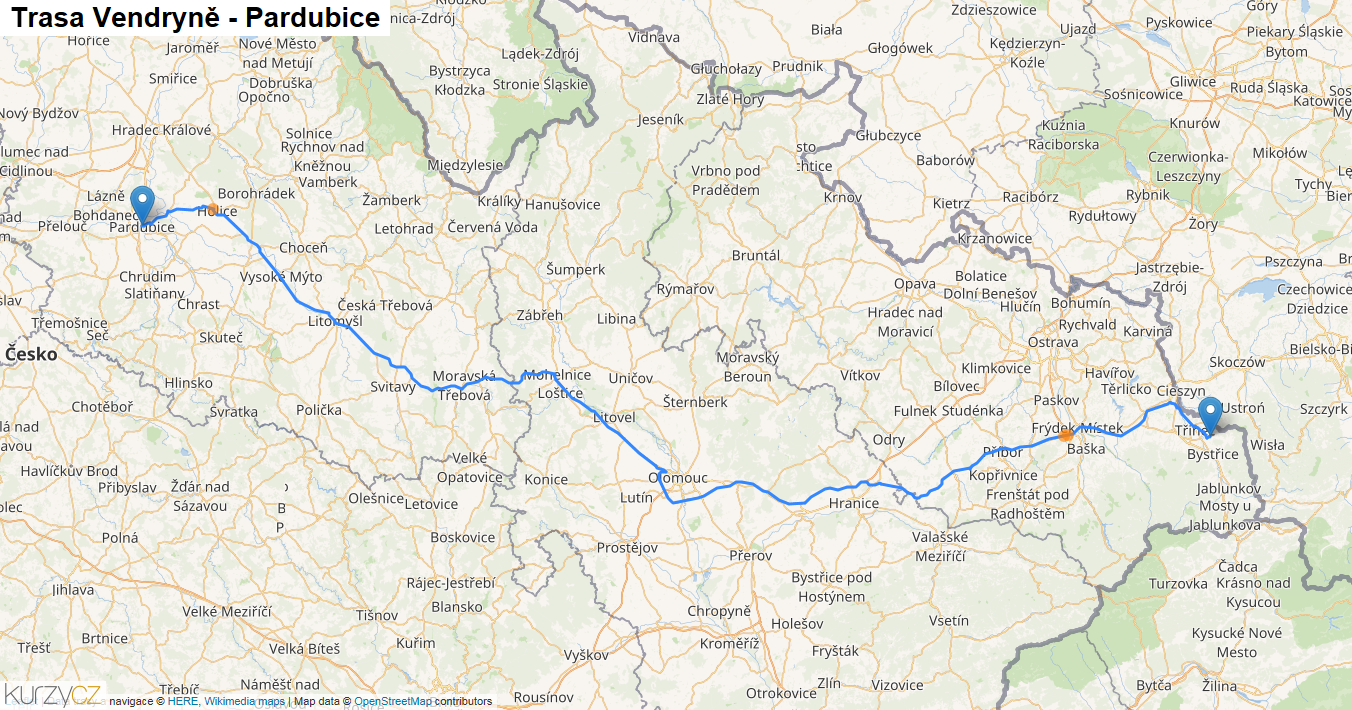 Vendryně-Pardubice, mapa trasy