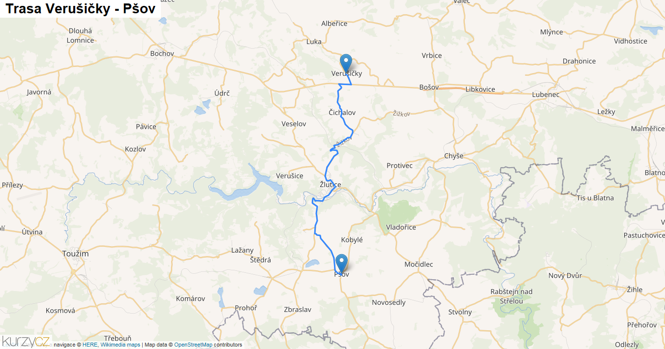 Verušičky-Pšov, mapa trasy