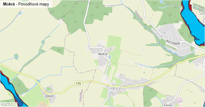 Mokrá - záplavové mapy stoleté vody