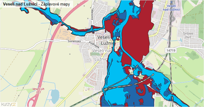 Veselí nad Lužnicí - záplavové mapy stoleté vody