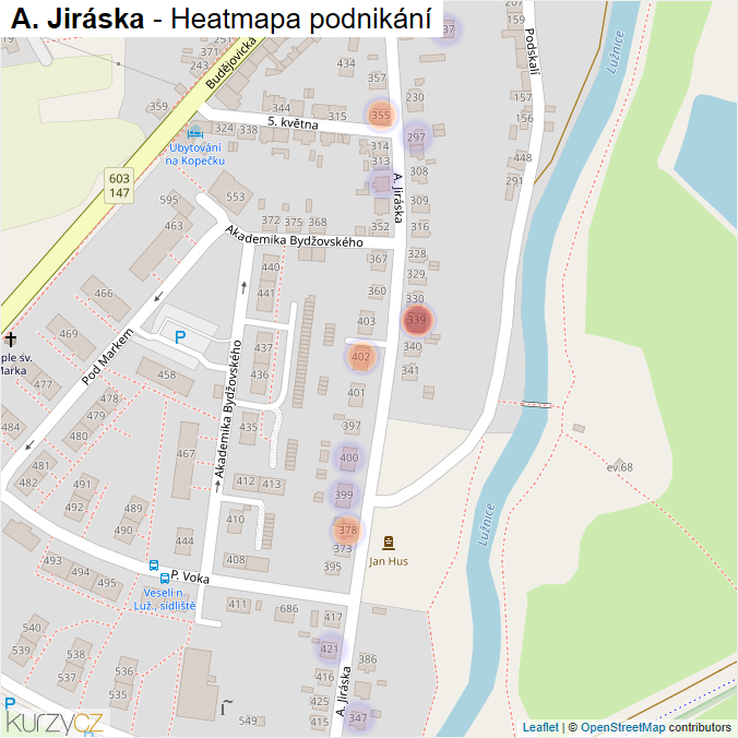 Mapa A. Jiráska - Firmy v ulici.