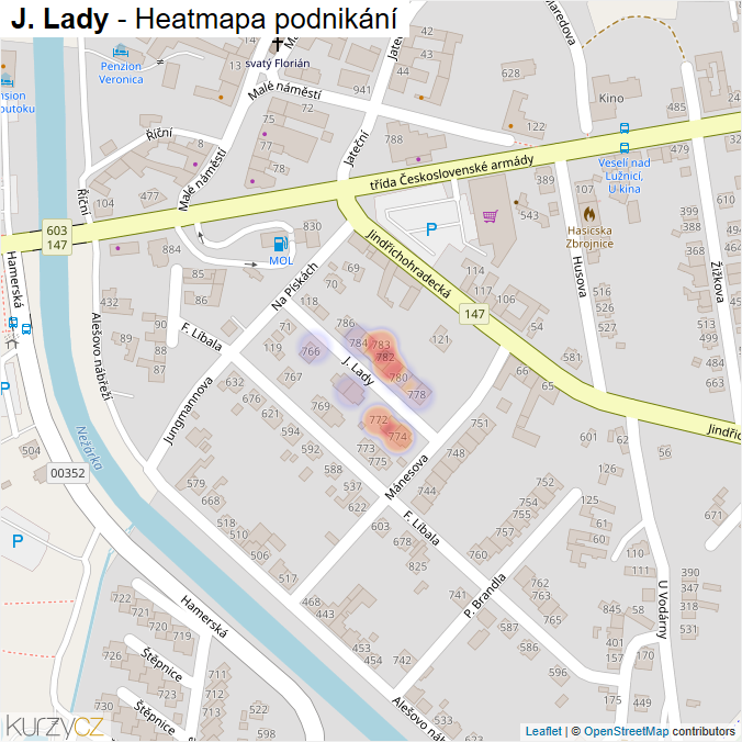 Mapa J. Lady - Firmy v ulici.