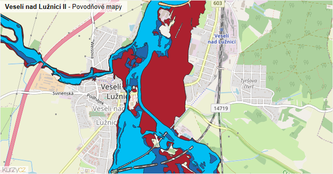 Veselí nad Lužnicí II - záplavové mapy stoleté vody