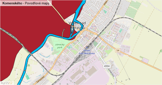 Komenského - záplavové mapy stoleté vody